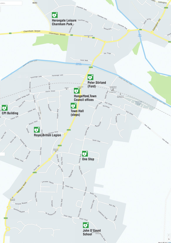 Map showing location of defibrillators in Hungerford